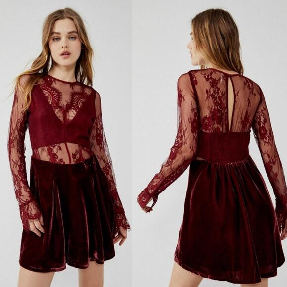 Free People Dresses & Skirts - Free People Marlie Garnet Red Lace Velvet Long Sleeve Mini Dress Size XS